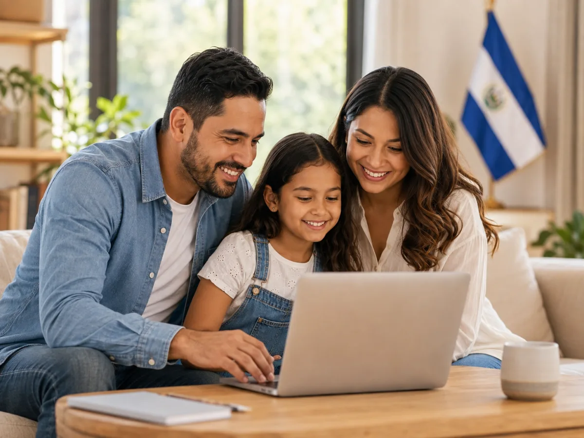 Familia salvadoreña preparando su trámite consular con el ordenador